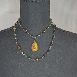 Tiger's Eye Beaded And Pendant Adjustable Choker